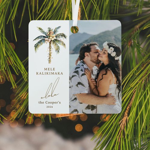 Festive Palm Tree Mele Kalikimaka Hawaiian Photo Metal Ornament