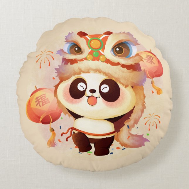 Festive Panda Celebration Round Pillow (Front)