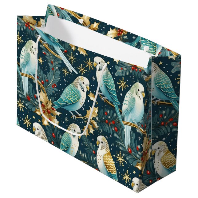 Festive Parakeet Budgie Christmas Gift Bag (Front Angled)
