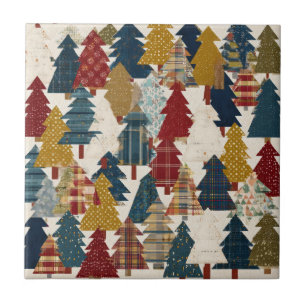 Festive Patchwork Christmas Tree Pattern (2) Ceramic Tile