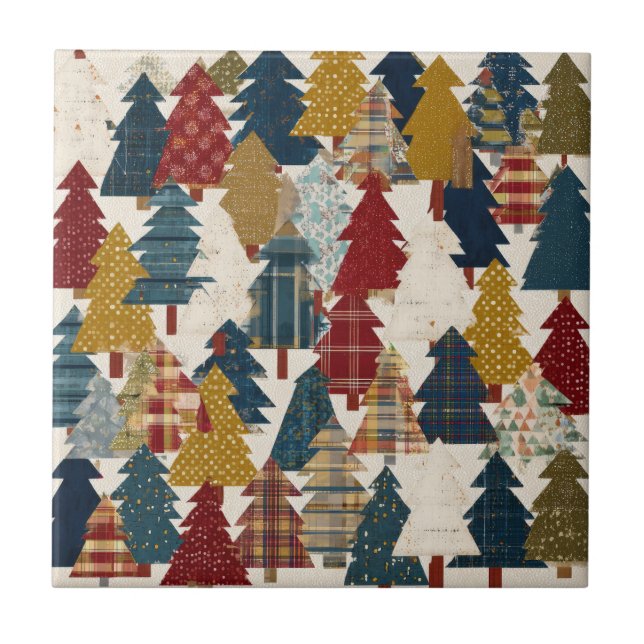 Festive Patchwork Christmas Tree Pattern (2) Ceramic Tile (Front)