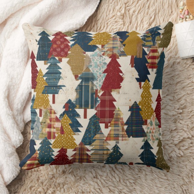 Festive Patchwork Christmas Tree Pattern (2) Throw Pillow (Blanket)