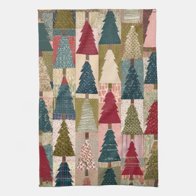 Festive Patchwork Christmas Tree Pattern (3) Kitchen Towel (Vertical)