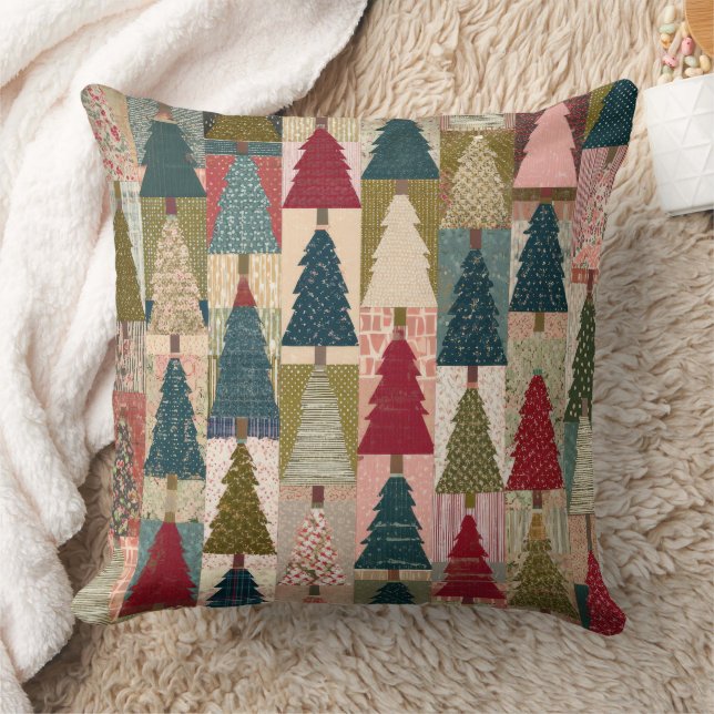 Festive Patchwork Christmas Tree Pattern (3) Throw Pillow (Blanket)