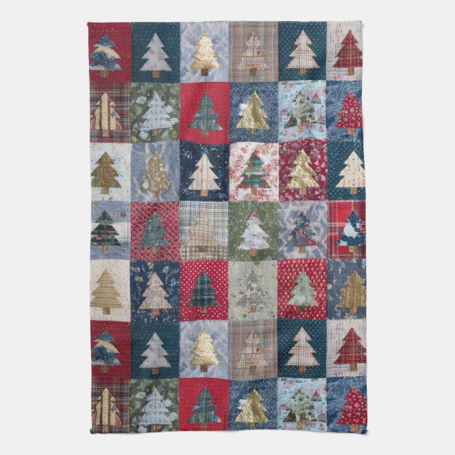 Festive Patchwork Christmas Tree Pattern (4) Kitchen Towel (Vertical)