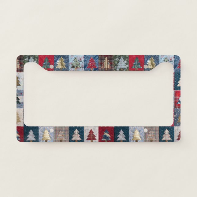 Festive Patchwork Christmas Tree Pattern (4) License Plate Frame (Front)