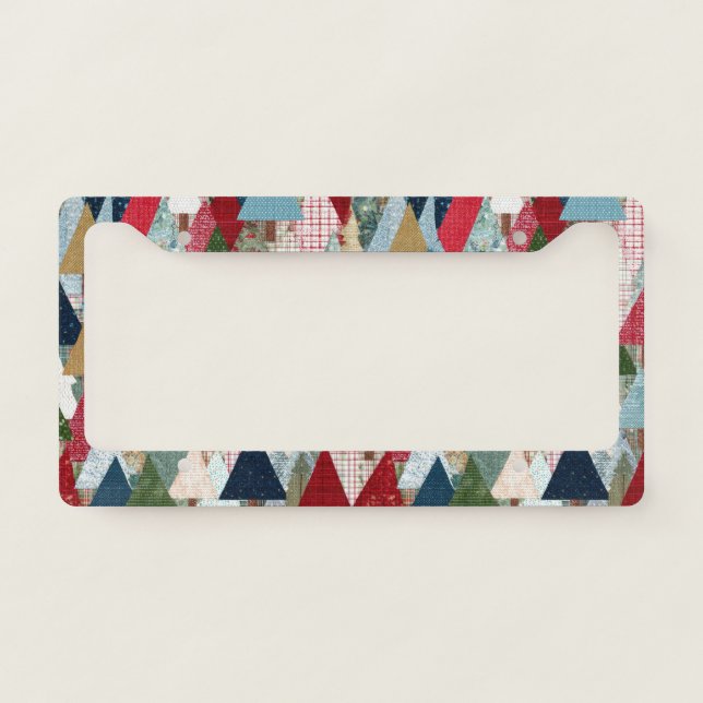 Festive Patchwork Christmas Tree Pattern License Plate Frame (Front)
