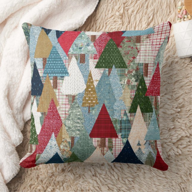 Festive Patchwork Christmas Tree Pattern Throw Pillow (Blanket)
