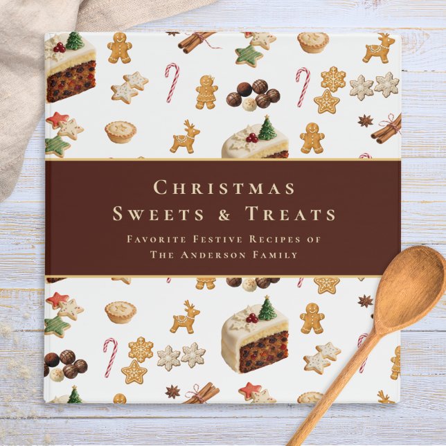 Festive Pattern Christmas Recipe 3 Ring Binder (A recipe binder for Christmas sweets and treats, with personalized name and festive foods pattern)