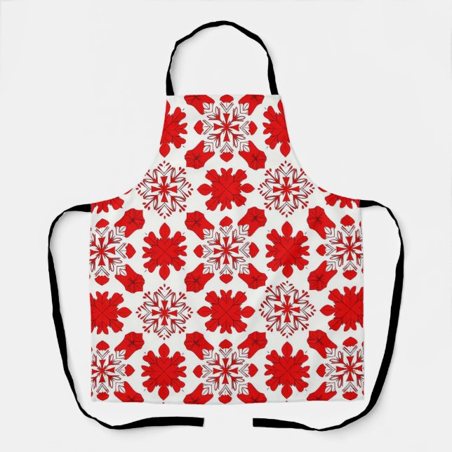 Festive Pattern of Red and White Snowflakes Apron (Front)