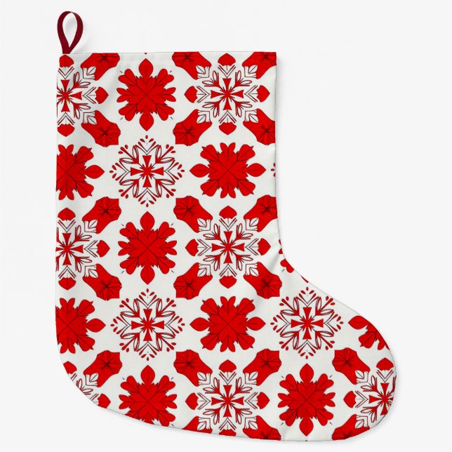 Festive Pattern of Red and White Snowflakes Large Christmas Stocking (Front)