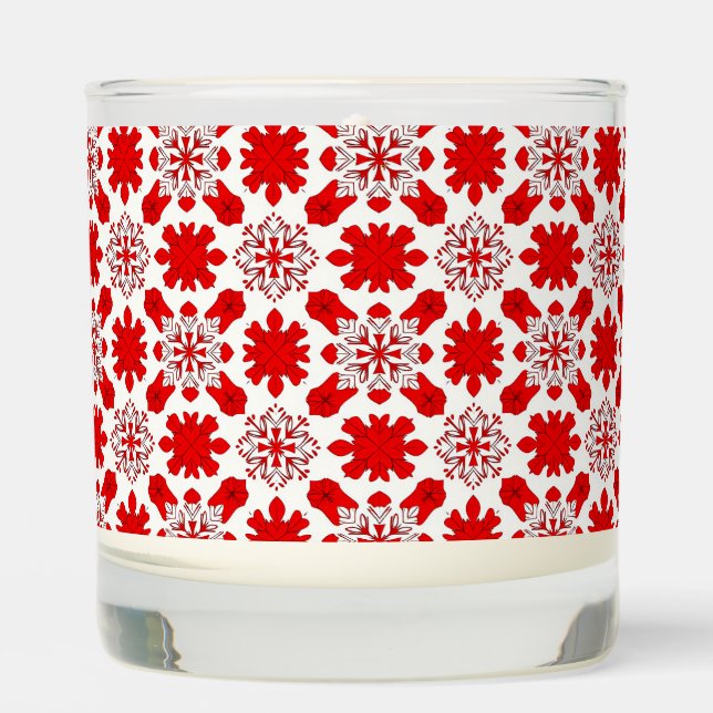 Festive Pattern of Red and White Snowflakes Scented Candle (Front)