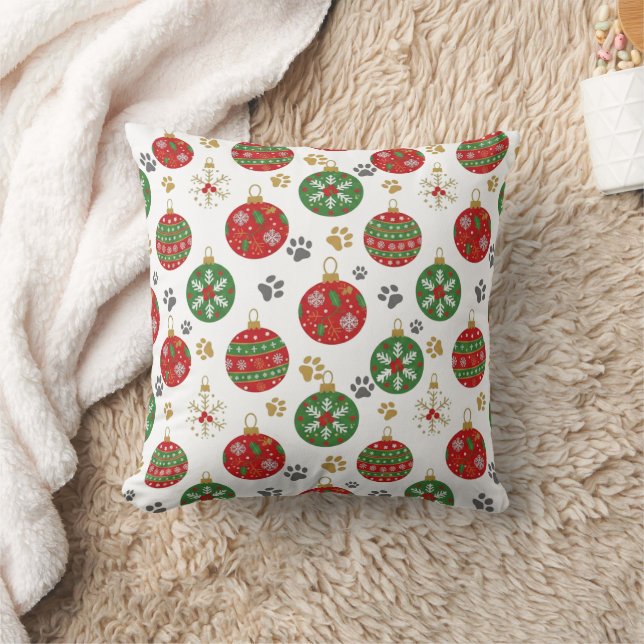 Festive Paw Print Christmas Ornament Pillow (Blanket)
