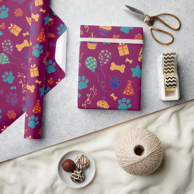 Festive Paw Prints & Party Treats Pet Anniversary Wrapping Paper (Crafts)