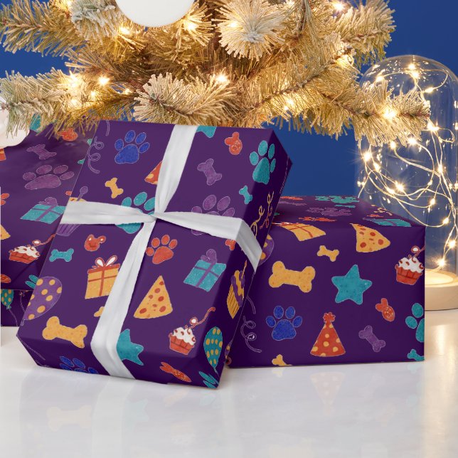 Festive Paw Prints & Party Treats Pet Anniversary Wrapping Paper (Holidays)