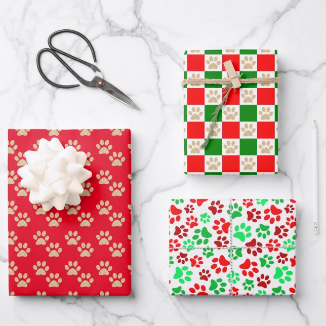 Festive Paw Prints Pet Lovers Red & Green Holiday Wrapping Paper Sheets (Front)