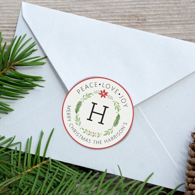 Festive Peace Love Joy Monogram Classic Round Sticker (Festive Peace Love Joy Monogram Classic Round Sticker)