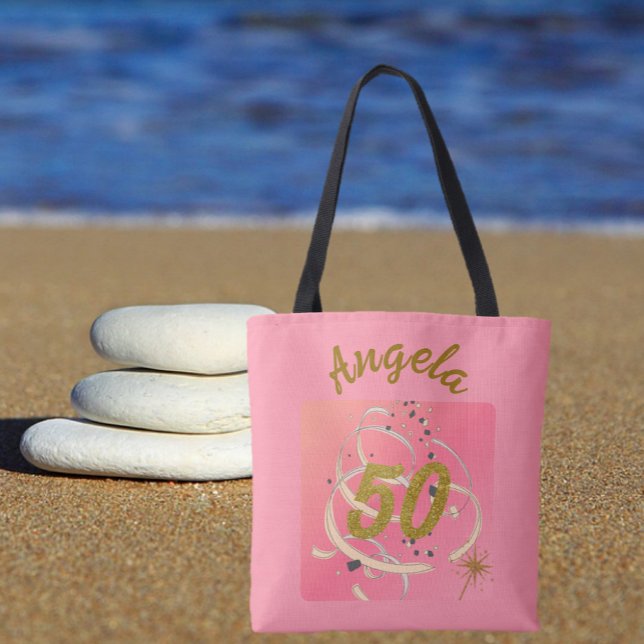 Festive Peachy Pink Fifty Year Birthday  Tote Bag (Creator Uploaded)