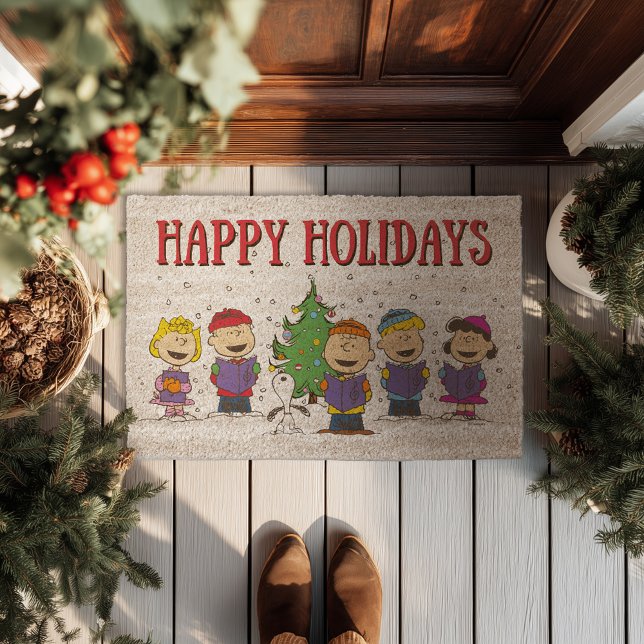 Festive Peanuts Christmas Caroling  Fiber Doormat (Doormat outside)