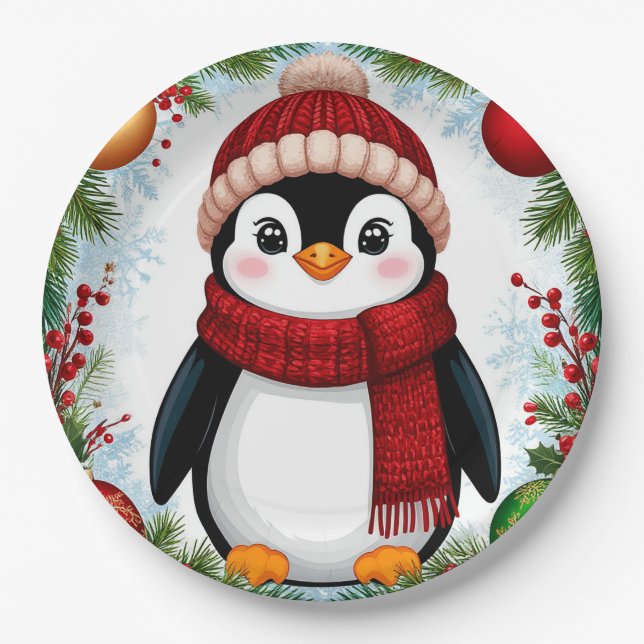  Festive Penguin Decorated With Holiday Ornaments Paper Plates (Front)