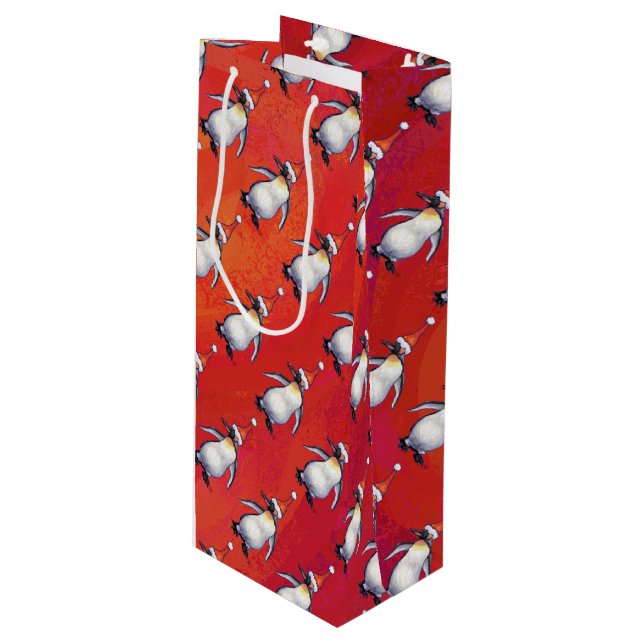 Festive Penguin in a Santa Hat Pattern Wine Gift Bag (Front Angled)