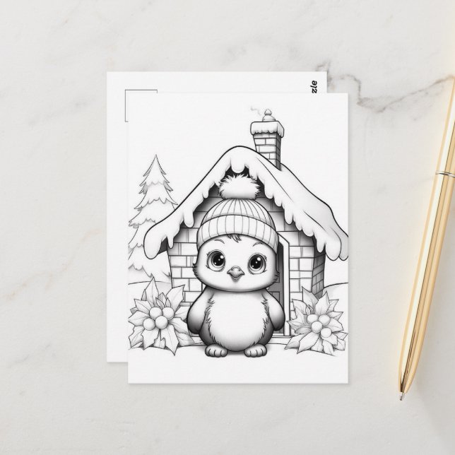 Festive penguin kids coloring Postcard  (Front/Back In Situ)