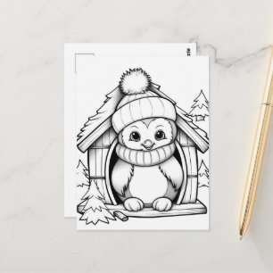 Festive penguin kids coloring postcard