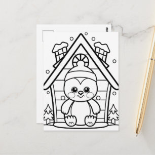 Festive penguin kids coloring postcard