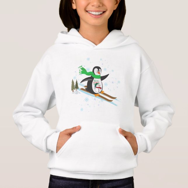Festive Penguin on Skis – Merry Christmas Fun Hoodie (Front)