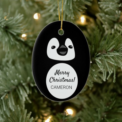 Festive Penguin Pal Personalized Oval Christmas O Ceramic Ornament