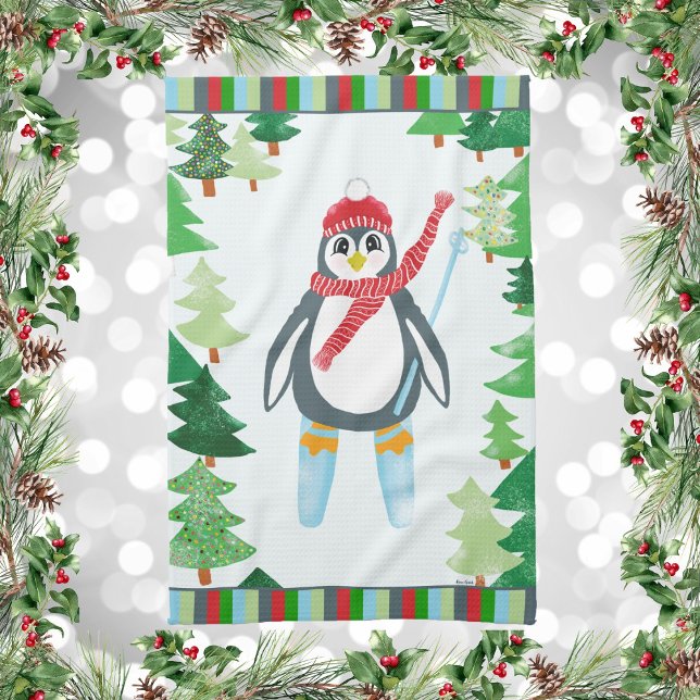 Festive Penguin Skiing Christmas Design Kitchen Towel (Winter Holiday Penguin Skiing on a Mountain Of Christmas Trees Kitchen Towel)