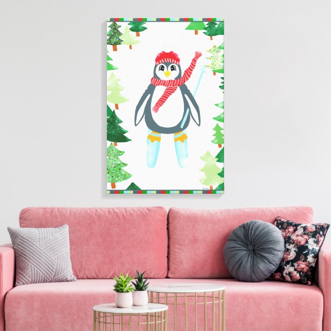 Festive Penguin Skiing Christmas Tree Design Canvas Print (Insitu(LivingRoom))