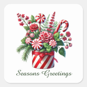 Festive peppermint candy Seasons Greetings Square Sticker