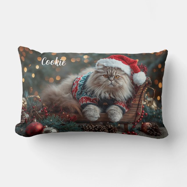 Festive Persian Cat Christmas Personalized  Lumbar Pillow (Front)