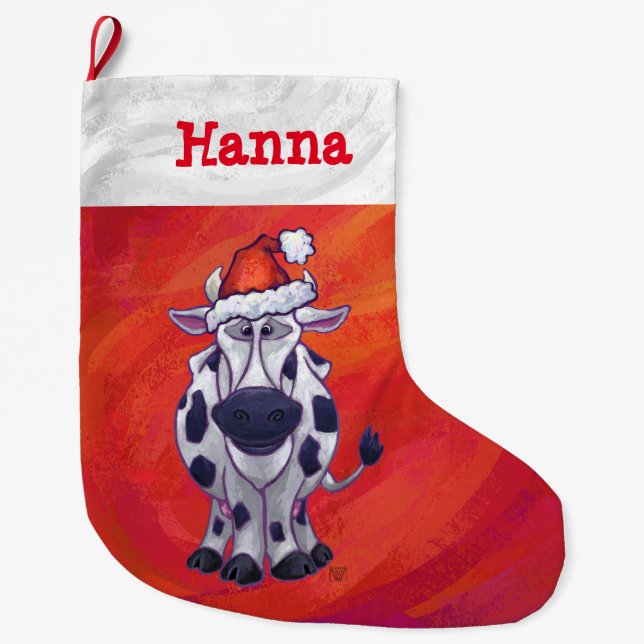 Festive Personalized Cow Christmas Large Christmas Stocking (Front)
