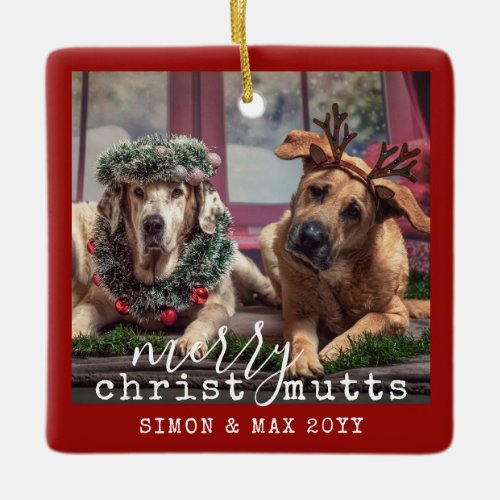 Festive Personalized Funny Dogs Photo ChristMUTTS Ceramic Ornament