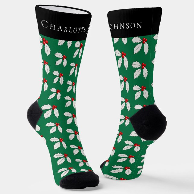 Festive Personalized Holly Berry Green Christmas Socks (Angled)