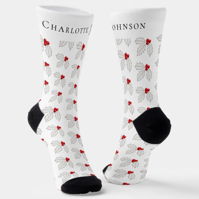 Festive Personalized Holly Berry White Christmas Socks (Angled)