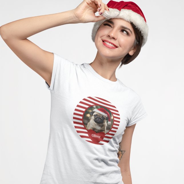 Festive Personalized Pet Photo on Red Stripes T-Shirt (Creator Uploaded)