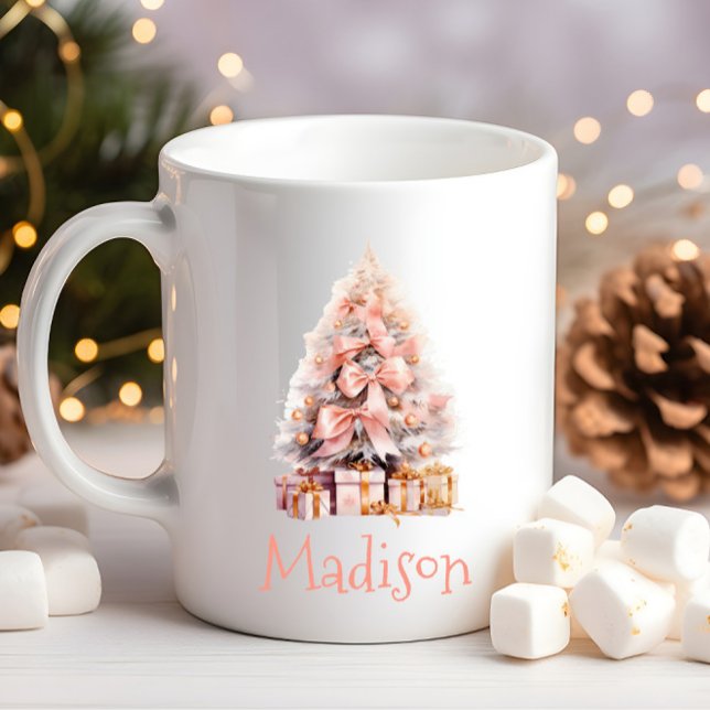 Festive Personalized Pink Christmas Tree Coffee Mug (Personalized Pink Christmas Tree Coffee Mug, Hot Cocoa, Festive Holiday Gift Idea for Her, Friend)