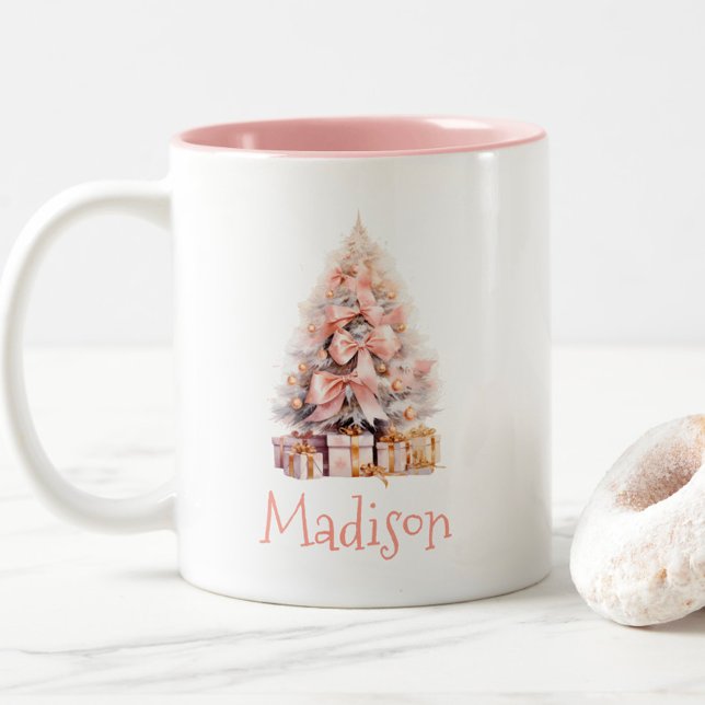 Festive Personalized Pink Christmas Tree Two-Tone Coffee Mug (Personalized Pink Christmas Tree Coffee Mug, Hot Cocoa, Festive Holiday Gift Idea for Her, Friend)