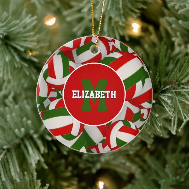 festive personalized red white green volleyball ceramic ornament (Tree)