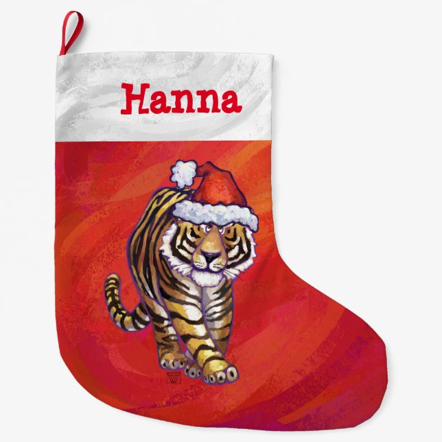 Festive Personalized Tiger Christmas Large Christmas Stocking (Front)