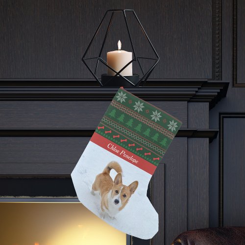 Festive Pet Photo Red Green Tree Custom Dog Small Christmas Stocking