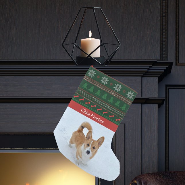 Festive Pet Photo Red Green Tree Custom Dog Small Christmas Stocking (Creator Uploaded)