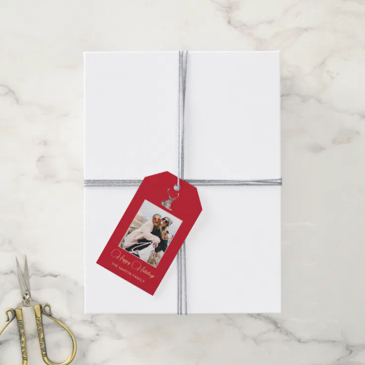 Festive Photo with Winter Deer Christmas Red Gift Tags