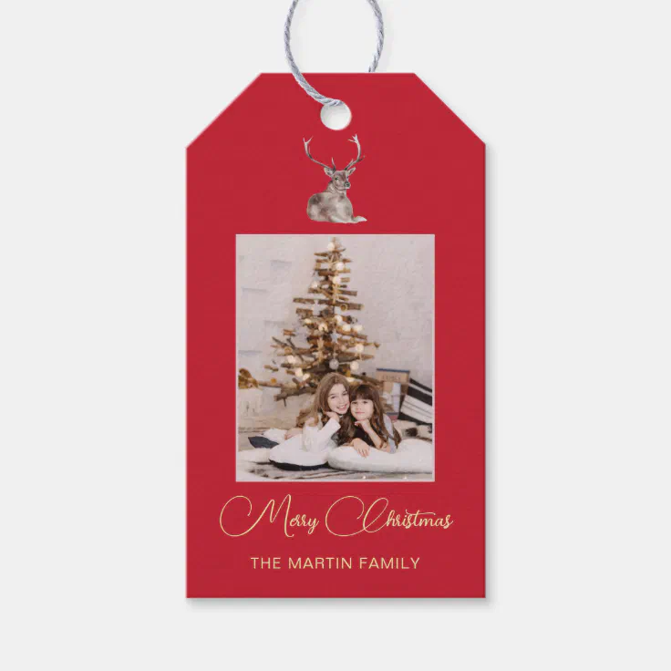 Festive Photo with Winter Deer Red Christmas Gift Tags
