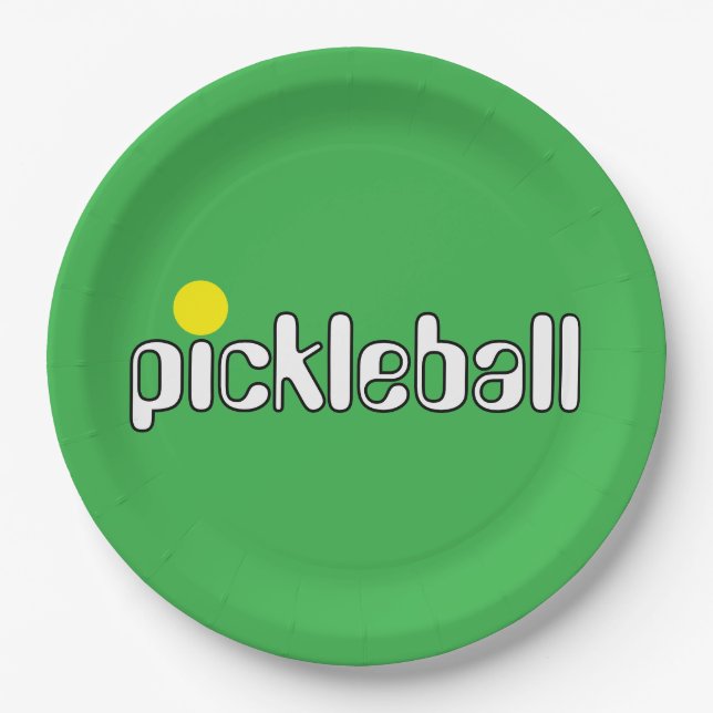 Festive PICKLEBALL Text Bright Green Background Paper Plates (Front)