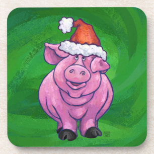 Festive Pig in Santa Hat on Green Beverage Coaster