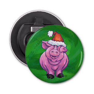 Festive Pig in Santa Hat on Green Bottle Opener
